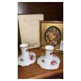 Bone china candleholders England, dried flower