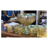 Yellow carnival glass punch bowl w/ base & 12