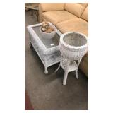Wicker table,  planter and bowl with seashells