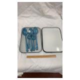 Granite ware trays and 5 spoons