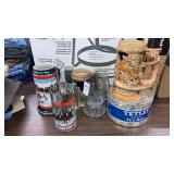 Beer stein lot Budweiser, Tetley tea tin