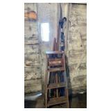 Wooden step ladder and yard tools