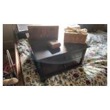 Two drawer dresser topper, boxes, travel clock