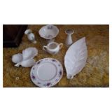 Shelf lot of Lenox china: 2 leaf plates, candy