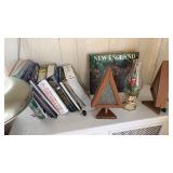 Shelf lot of books, lamps and other