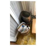 Wooden bucket with contents and 2 waste baskets
