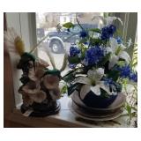 Blue bowl with faux flowers, 2 dishes - one