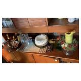 Shelf lot of figurines, bowls and platters