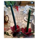 Pair of poinsettia stained glass candle holders -