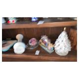 Shelf lot of frames, bowls and other