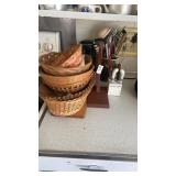 Baskets, can opener, and kitchen items
