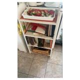 Wooden shelf and contents cook books etc