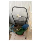Metal grocery cart and watering cans