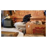 Work table lot of  misc items: stained glass lamp