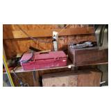 Shelf lot of tool boxes with contents, gloves,