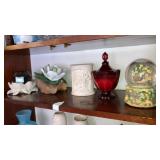 Shelf lot snow globe, candle holders asst
