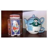 Dolphin china jar, snowman tea pot & cup