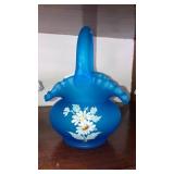 Fenton blue satin glass daisy basket 7" high