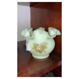 Signed Hand painted Fenton satin glass holly bowl