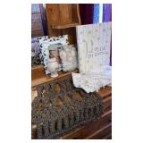 Lot -lace dresser scarves, pictures, soap