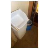 Lot of plastic containers garbage can, and mop