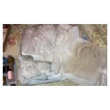 Antique lace over satin wedding gown, floral