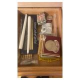 Drawer, contents of candles, and coasters