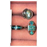 3 rings sterling look & turquoise