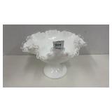 Fenton- milk glass compote dish- ruffled/silver