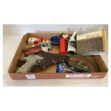 Tray lot- belt buckle, patches, tins - variety of