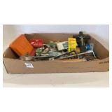 Tray lot - bell, boxes, bottle, Crucifix variety