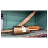 3 rolling pins. Brass, vintage wooden and hand