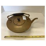 Vintage brass squat tea kettle with wood turned