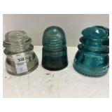 3 vintage clear, green, + aqua glass insulators