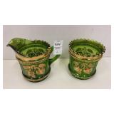 Green glass creamer & sugar bowl - peaches & gold