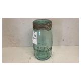 Antique quart mason fruit jar with glass & metal