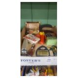 Miscellaneous box of cards, games, and knife