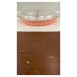 Pyrex divided serving dish with glass lid. 1 1-2