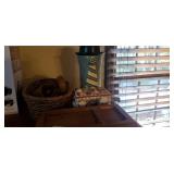 Wooden box, seashell box, basket, and ceramic hat