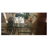 2 glass top stands and plant