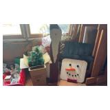 Artificial Tree, Wooden Santa and Snowman Decor