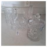 Crystal pitcher,etched basket, two jelly jars,