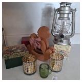 Two votive holders,two small decorative boxes,