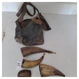 Vintage power horns,antique leather shot pouch
