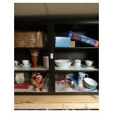 Cabinet lot of Christmas, glassware, basket,