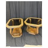 Set of two wooden and glass-top end tables
