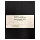 Jakeï¿½s Pub & Grill $20 gift certificate, donated