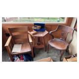 2 Wooden Patio Chairs and End Table NO CONTENTS