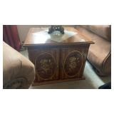 End table w carved floral rose on cabinet doors