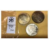 (3) 1922 peace silver dollars